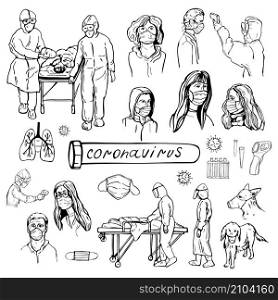 Coronavirus set. Vector sketch illustration. Coronavirus set. Vector illustration