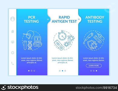 Coronavirus testing types onboarding vector template. Polymerase chain reaction checking. Antibody testing. Responsive mobile website with icons. Webpage walkthrough step screens. RGB color concept. Coronavirus testing types onboarding vector template