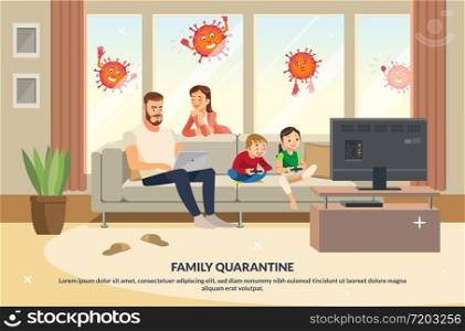 Coronavirus Trying Enter House Quarantine Family. Mother Care about Father, While Children Playing Game Console on Tv. Fun Cartoon Characters. Parents and Children at Living Room Modern Interior.