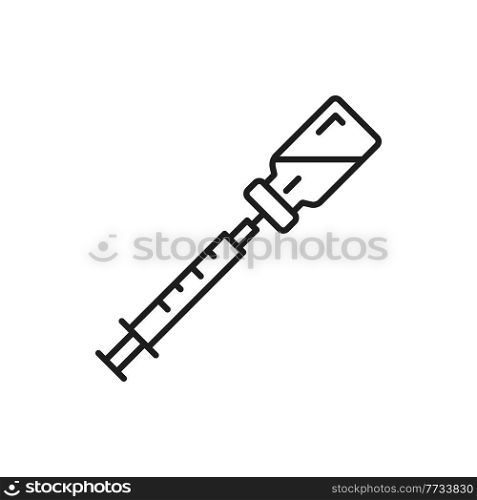 Coronavirus vaccination bottle and injection shot isolated thin line icon. Vector vaccine and syringe, corona prevention, global immunization, flu diseases treatment. Medicine health care campaign. .Vaccination, bottle coronavirus vaccine syringe