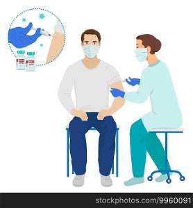 Coronavirus vaccination, doctor or nurse in protective medical mask injecting a patient, getting shot of covid vaccine in arm muscle, process of immunization against covid-19, Hand and syringe vector.. Coronavirus vaccination, doctor or nurse in protective medical mask injecting a patient vector