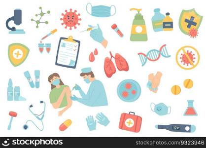 Coronavirus vaccination isolated objects set. Collection of doctor injection to patient, mask, antiseptic, medications, protection, stop virus. Vector illustration of design elements in flat cartoon