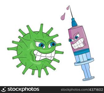 Coronavirus vaccination vector. ?artoon syringe with a vaccine and the covid virus. Time to vaccinate.