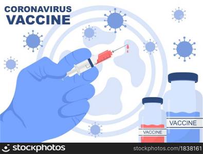 Coronavirus Vaccination With Syringe Injection Tool And Medicine, Doctors To Help Provide Covid 19 Vaccines For Self-Protection or Maintaining Health. Vector Illustration