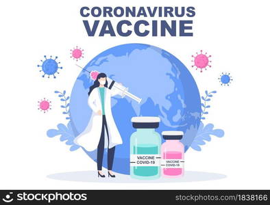 Coronavirus Vaccination With Syringe Injection Tool And Medicine, Doctors To Help Provide Covid 19 Vaccines For Self-Protection or Maintaining Health. Vector Illustration