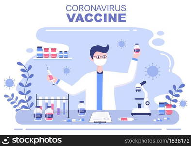 Coronavirus Vaccination With Syringe Injection Tool And Medicine, Doctors To Help Provide Covid 19 Vaccines For Self-Protection or Maintaining Health. Vector Illustration