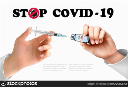 Coronavirus vaccine background. Covid-19 corona virus vaccination with syringe injection tool for covid19 immunization treatment. Stop Coranavirus concept. Vector