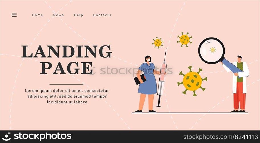 Coronavirus vaccine vector illustration. Male and female doctors researching injection. Woman holding syringe. Healthcare, vaccination concept for banner, website design or landing web page 