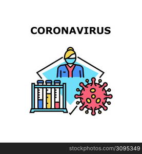 Coronavirus Vector Icon Concept. Coronavirus Epidemic Disease And Treatment, Laboratory Worker Researching Virus Microbe And Doctor Treat Patient. Covid-19 Infection Pandemy Color Illustration. Coronavirus Vector Concept Color Illustration