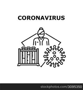 Coronavirus Vector Icon Concept. Coronavirus Epidemic Disease And Treatment, Laboratory Worker Researching Virus Microbe And Doctor Treat Patient. Covid-19 Infection Pandemy Black Illustration. Coronavirus Vector Concept Color Illustration