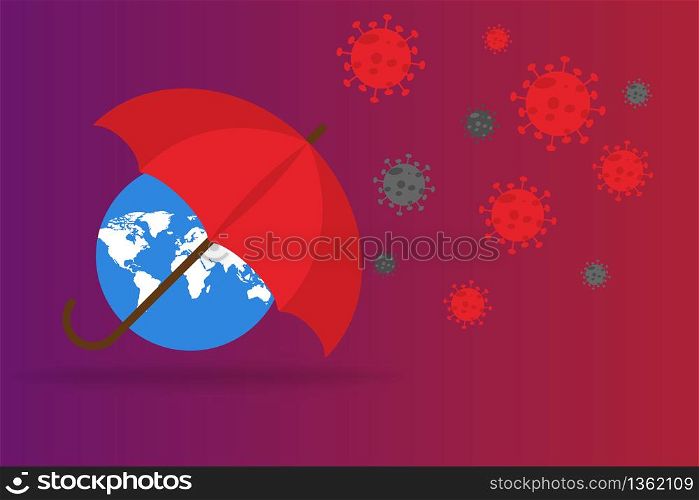 Coronavirus warning. Umbrela protecting earth from virus and covid-19. Bacteria is attacking world. Virus prevention method. Vector EPS 10