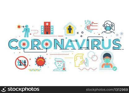 Coronavirus word lettering illustration with icons for web banner, flyer, landing page, presentation, book cover, article, etc.