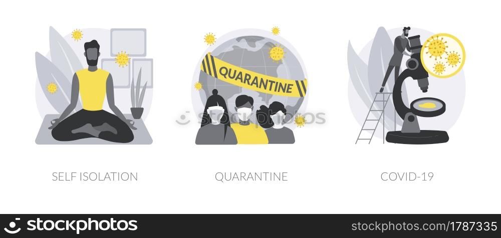 Coronavirus world pandemic abstract concept vector illustration set. Self isolation, quarantine, COVID-19, stay safe at home, social distancing, government strict measures abstract metaphor.. Coronavirus world pandemic abstract concept vector illustrations.