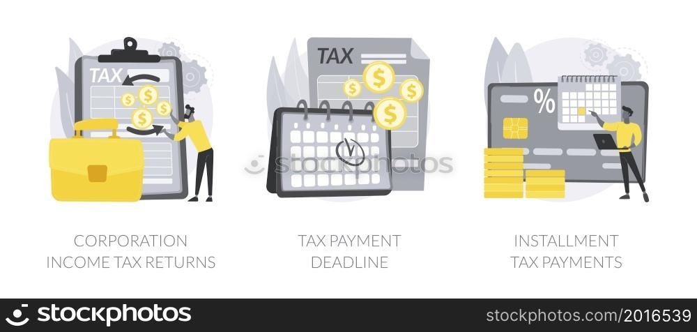 Corporate accountancy abstract concept vector illustration set. Corporation income tax return date, payment deadline, installment tax payments, vat payment, estimated refund abstract metaphor.. Corporate accountancy abstract concept vector illustrations.