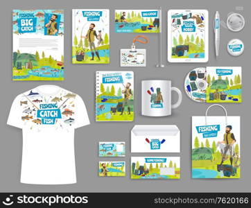 Corporate branding mockup templates. Vector fishing sport and fisher adventure promo business materials t-shirt, cup or mug and corporate brand envelope, cd or calendar and pen with badge. Fishing corporate branding mockup templates