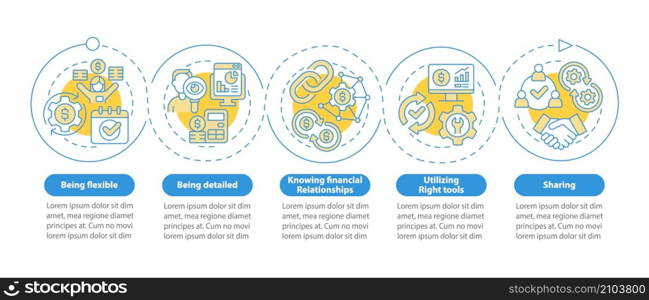 Corporate budgeting blue circle infographic template. Financial plan. Data visualization with 5 steps. Process timeline info chart. Workflow layout with line icons. Myriad Pro-Bold, Regular fonts used. Corporate budgeting blue circle infographic template