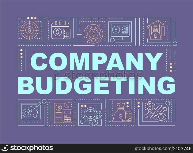 Corporate budgeting word concepts purple banner. Corporate finance. Infographics with linear icons on background. Isolated typography. Vector color illustration with text. Arial-Black font used. Corporate budgeting word concepts purple banner