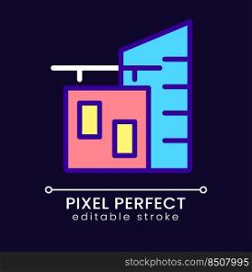 Corporate building pixel perfect RGB color icon for dark theme. Company office. Workplace. Real estate. Simple filled line drawing on night mode background. Editable stroke. Poppins font used. Corporate building pixel perfect RGB color icon for dark theme