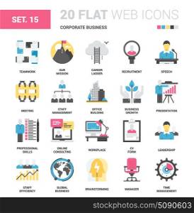 Corporate Business Icons. Vector set of corporate business flat web icons. Each icon neatly designed on pixel perfect 64X64 size grid. Fully editable and easy to use.