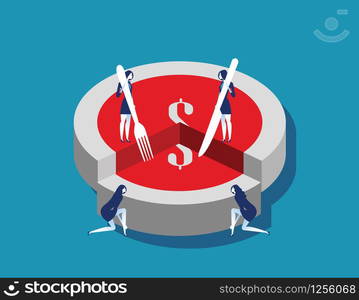 Corporate business people and money slice. Concept business vector illustration. Flat character style.