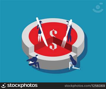 Corporate business people and money slice. Concept business vector illustration. Flat character style.