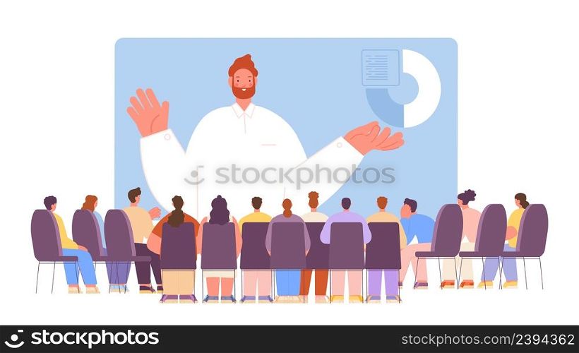 Corporate business presentation on giant screen. Audience, people sitting back and look at boss. Training or student meeting, online work or education, vector. Illustration of corporate presentation. Corporate business presentation on giant screen. Audience, people sitting back and look at boss. Training or student meeting, online work or education, vector scene