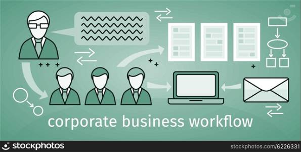 Corporate Business Workflow Banner. Corporate business workflow banner design flat. Organization people work in a team. Workflow for a large corporation business. Structure of communication between employees company. Vector illustration