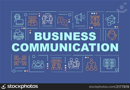Corporate communication word concepts dark blue banner. Public relations. Infographics with linear icons on background. Isolated typography. Vector color illustration with text. Arial-Black font used. Corporate communication word concepts dark blue banner