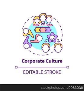 Corporate culture concept icon. Worker adaptation elements. Strategic tool idea thin line illustration. Communication system. Vector isolated outline RGB color drawing. Editable stroke. Corporate culture concept icon