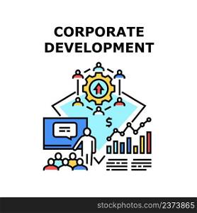 Corporate Development Vector Icon Concept. Corporate Development And Management. Businessman Managing Employees And Hr Educational Lecture. Company Brand Presentation Color Illustration. Corporate Development Vector Concept Illustration