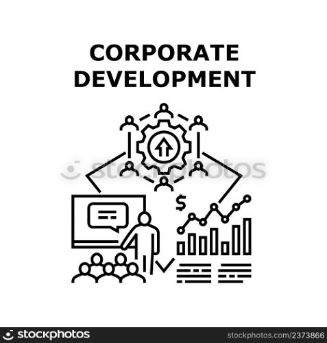 Corporate Development Vector Icon Concept. Corporate Development And Management. Businessman Managing Employees And Hr Educational Lecture. Company Brand Presentation Black Illustration. Corporate Development Vector Concept Illustration