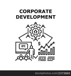 Corporate Development Vector Icon Concept. Corporate Development And Management. Businessman Managing Employees And Hr Educational Lecture. Company Brand Presentation Black Illustration. Corporate Development Vector Concept Illustration