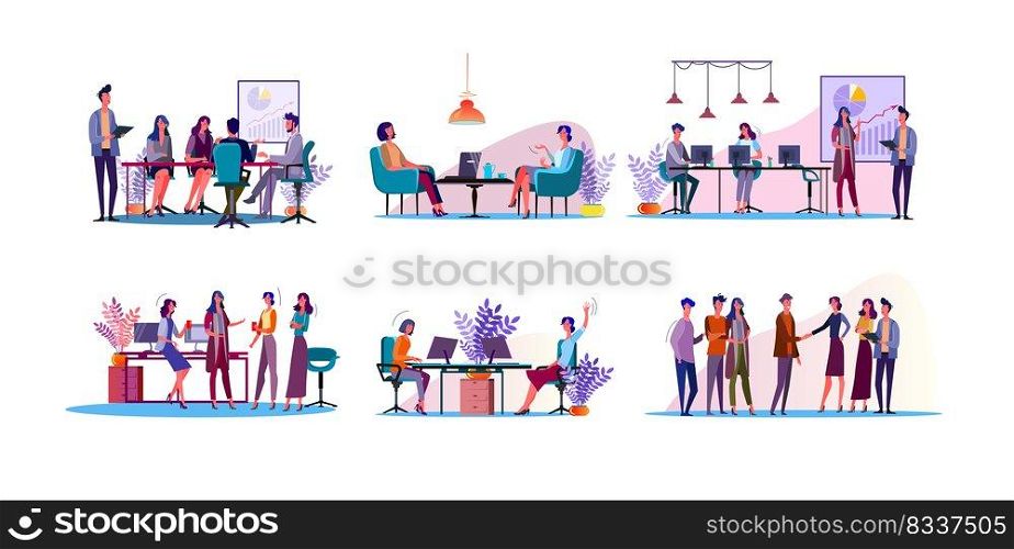 Corporate discussion illustration set. Colleagues meeting at table, discussing project at workplaces. Communication concept. Vector illustration for topics like business, partnership, teamwork