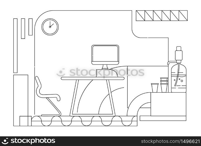 Corporate employee comfortable workplace outline vector illustration. Contemporary office environment contour composition on white background. Modern business center room simple style drawing