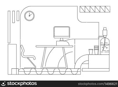 Corporate employee comfortable workplace outline vector illustration. Contemporary office environment contour composition on white background. Modern business center room simple style drawing