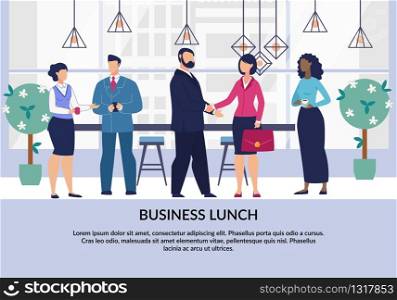 Corporate Ethics and Spirit Promotion Flat Poster. Common Joint Team Business Lunch Motivation. Cartoon People Staff Having Snack Together, Talking in Public Catering. Vector Illustration. Corporate Ethics and Spirit Promotion Flat Poster