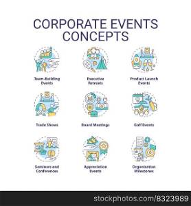 Corporate events concept icons set. Business culture and communication idea thin line color illustrations. Isolated symbols. Editable stroke. Roboto-Medium, Myriad Pro-Bold fonts used. Corporate events concept icons set
