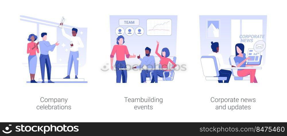 Corporate events isolated concept vector illustration set. Company celebrations, teambuilding events, corporate news and updates, employee couching, workshops and activities vector cartoon.. Corporate events isolated concept vector illustrations.