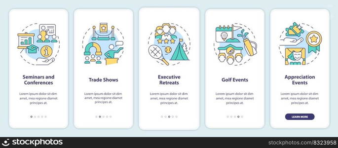 Corporate events types onboarding mobile app screen. Business walkthrough 5 steps editable graphic instructions with linear concepts. UI, UX, GUI template. Myriad Pro-Bold, Regular fonts used. Corporate events types onboarding mobile app screen