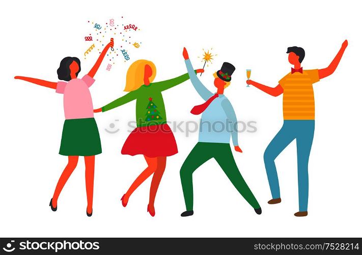 Corporate fest, people celebrating New Year and Christmas holiday. Vector cartoon style man and woman having fun, Champagne and flapper, isolated vector. Corporate Fest, People Celebrating New Year Xmas