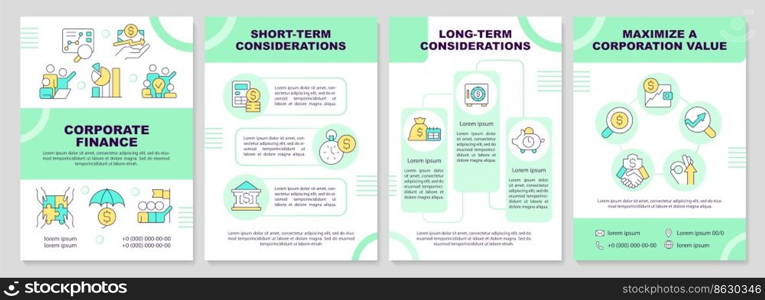 Corporate finance brochure template. Financial management. Leaflet design with linear icons. Editable 4 vector layouts for presentation, annual reports. Arial-Black, Myriad Pro-Regular fonts used. Corporate finance brochure template