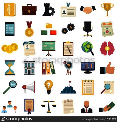 Corporate governance icons set. Flat set of corporate governance vector icons for web design. Corporate governance icons set, flat style