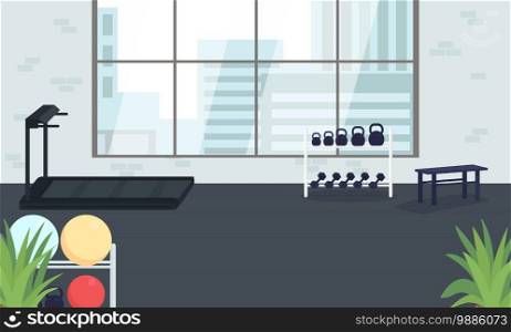 Corporate gym flat color vector illustration. Place for exercise. Space for physical activity. Fitness club for company employees 2D cartoon interior with large window on background. Corporate space for physical activity flat color vector illustration