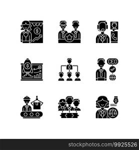 Corporate hierarchy black glyph icons set on white space. Sales department. Executive staff. Customer service. Traditional company structure. Silhouette symbols. Vector isolated illustration. Corporate hierarchy black glyph icons set on white space