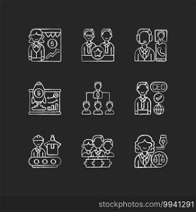 Corporate hierarchy chalk white icons set on black background. Sales department. Executive staff. Customer service. Traditional company structure. Isolated vector chalkboard illustrations. Corporate hierarchy chalk white icons set on black background