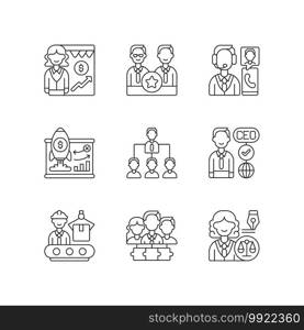 Corporate hierarchy linear icons set. Sales department. Executive staff. Customer service. Customizable thin line contour symbols. Isolated vector outline illustrations. Editable stroke. Corporate hierarchy linear icons set