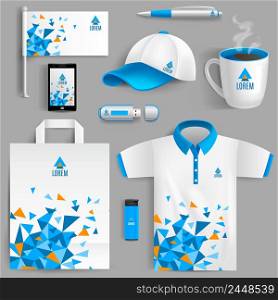 Corporate identity ad objects in blue abstract geometric design isolated vector illustration. Corporate Identity Blue