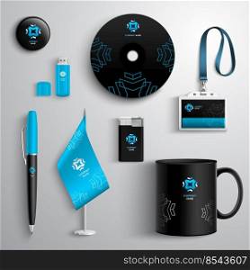 Corporate identity blue and black design set with cup pen cd and id card isolated vector illustration. Corporate Identity Design