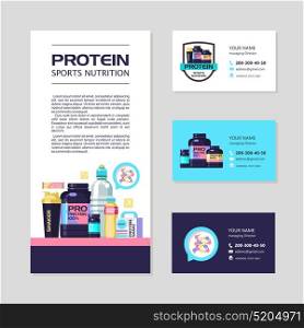 Corporate identity, business cards, flyer. Protein, sports nutrition. Vector set of design elements.