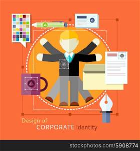 Corporate identity concept. Design of human resources. Man with lots of hands. Concept in flat design style. Can be used for web banners, marketing and promotional materials, presentation templates